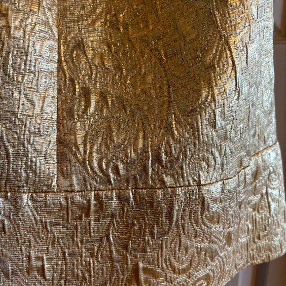 BCBG Gold Brocade Mini Dress – Adjustable Straps, Fully Lined, Elegant Cutout 4 - Picture 7 of 11